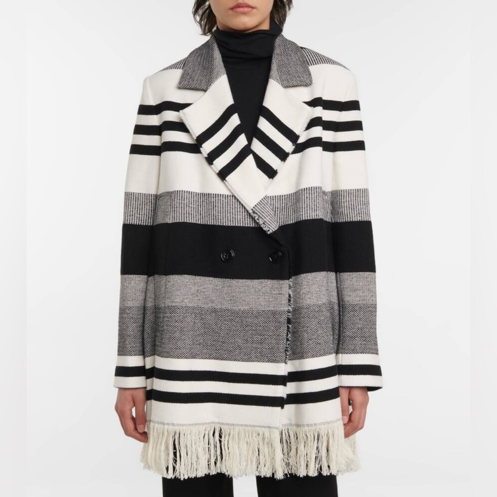 NWT Dorothee Schumacher Striped Luxury White & Black Peacoat Jacket with Fringe
